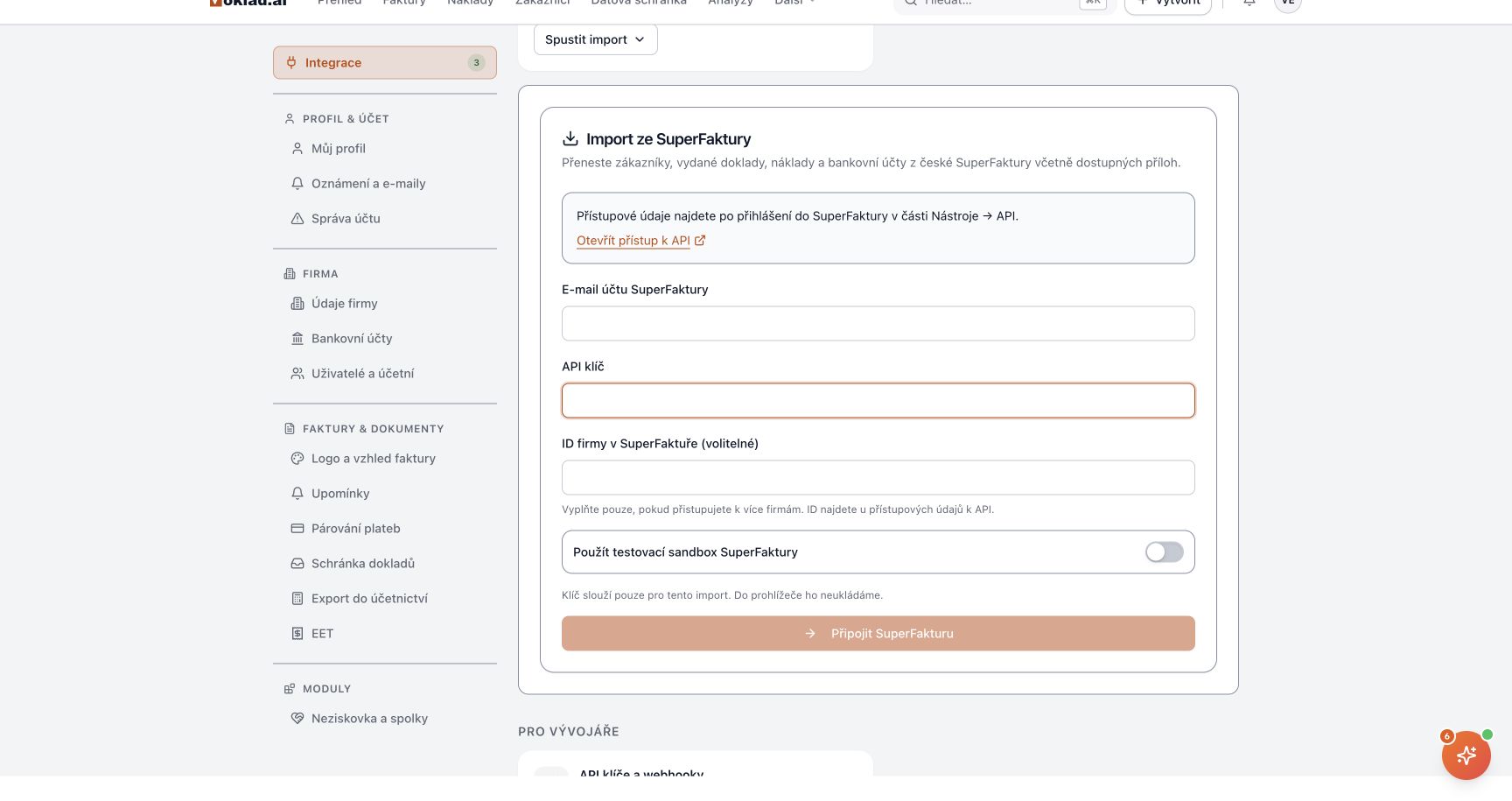 Průvodce importem ze SuperFaktury v Doklad.ai: API e-mail, klíč a volba firmy